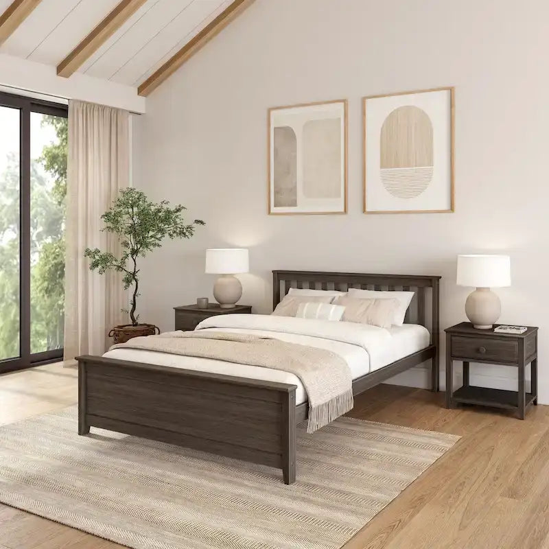 Classic Solid Pine Wood Queen Platform Bed with Headboard