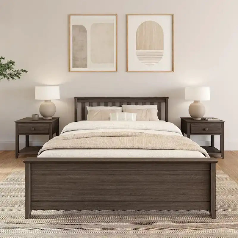 Classic Solid Pine Wood Queen Platform Bed with Headboard