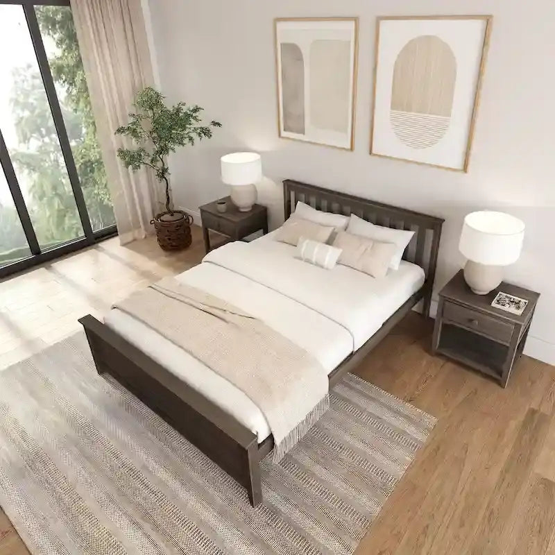 Classic Solid Pine Wood Queen Platform Bed with Headboard