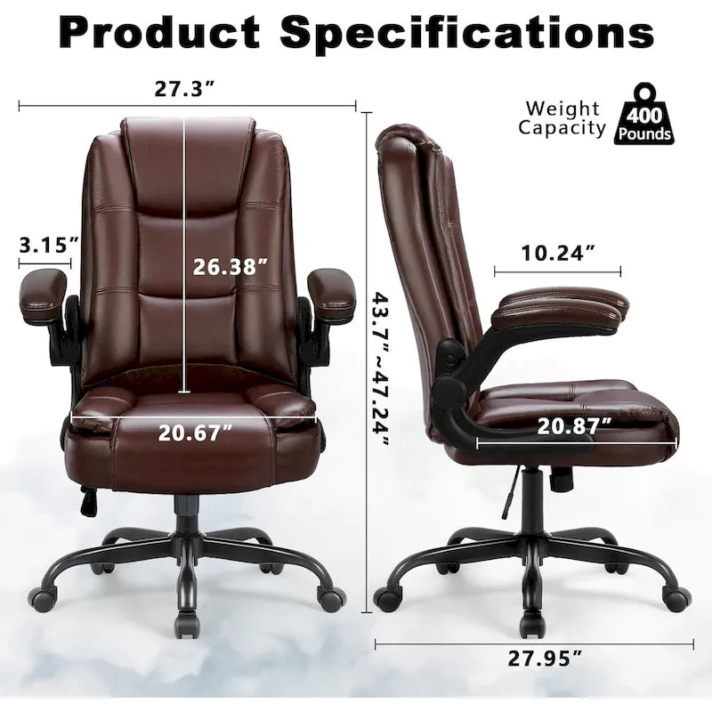 High-Back Ergonomic Executive Office Chair with Flip-Up Arms — Faux Leather
