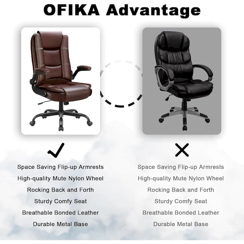 High-Back Ergonomic Executive Office Chair with Flip-Up Arms — Faux Leather