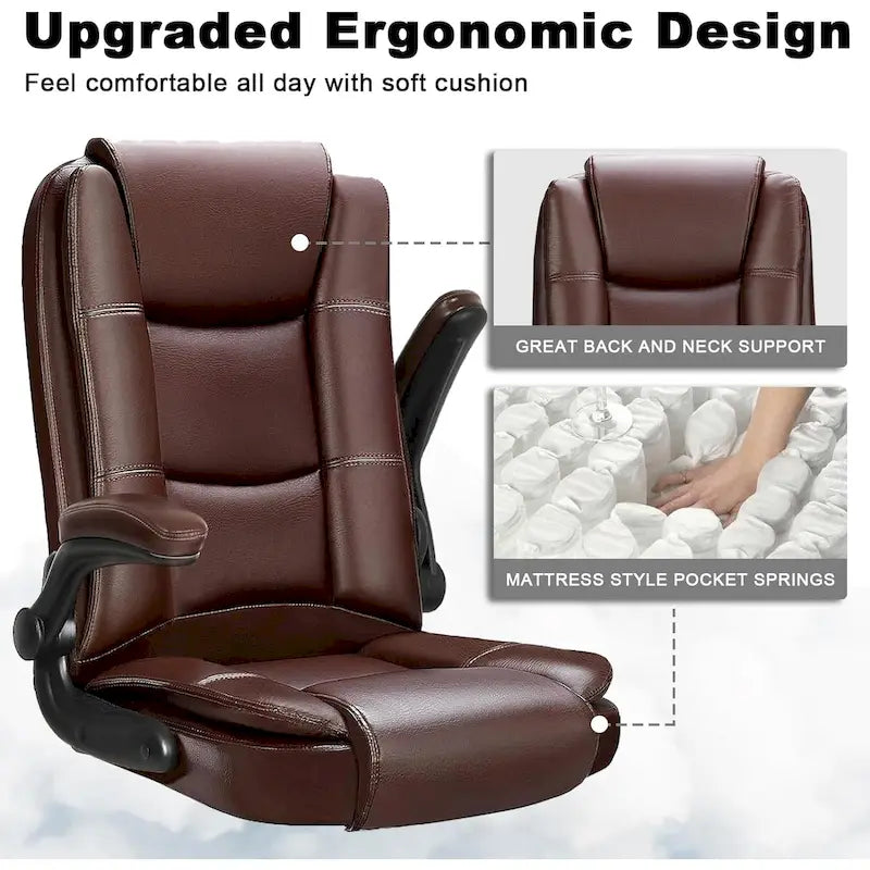 High-Back Ergonomic Executive Office Chair with Flip-Up Arms — Faux Leather