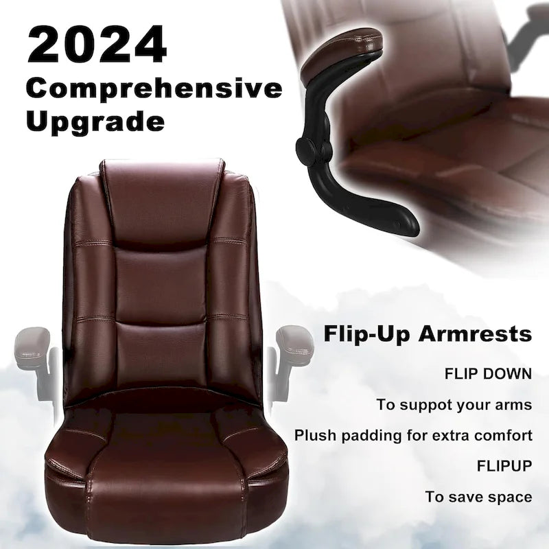 High-Back Ergonomic Executive Office Chair with Flip-Up Arms — Faux Leather