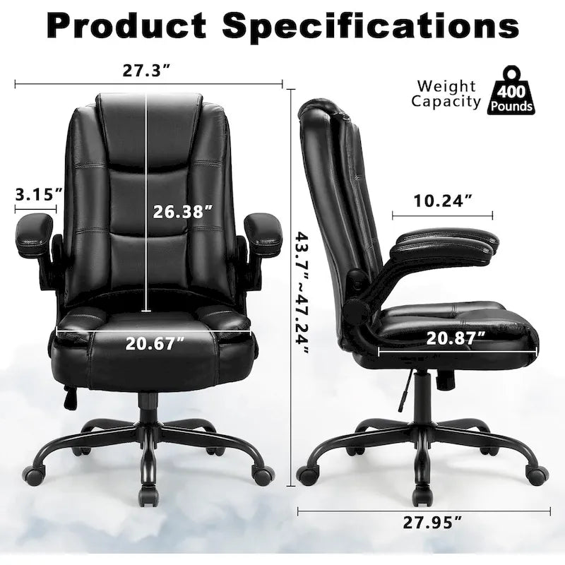 High-Back Ergonomic Executive Office Chair with Flip-Up Arms — Faux Leather