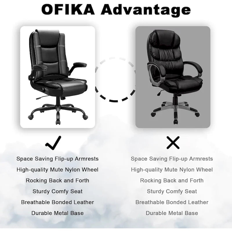 High-Back Ergonomic Executive Office Chair with Flip-Up Arms — Faux Leather