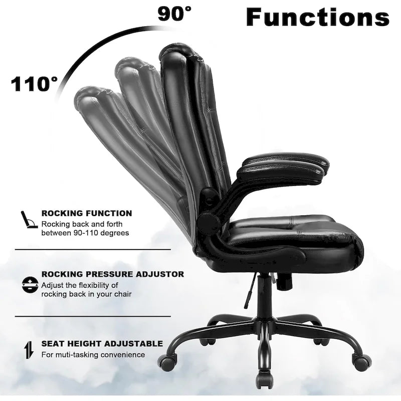 High-Back Ergonomic Executive Office Chair with Flip-Up Arms — Faux Leather