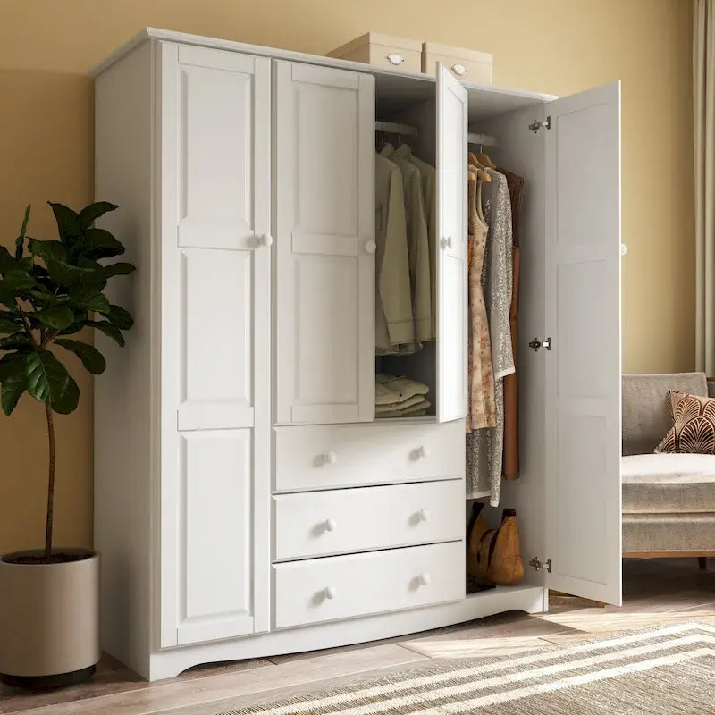 4-Door Solid Pine Wood Wardrobe Armoire with 3 Drawers