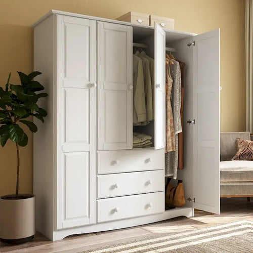 Armoire 4 portes en pin massif avec 3 tiroirs