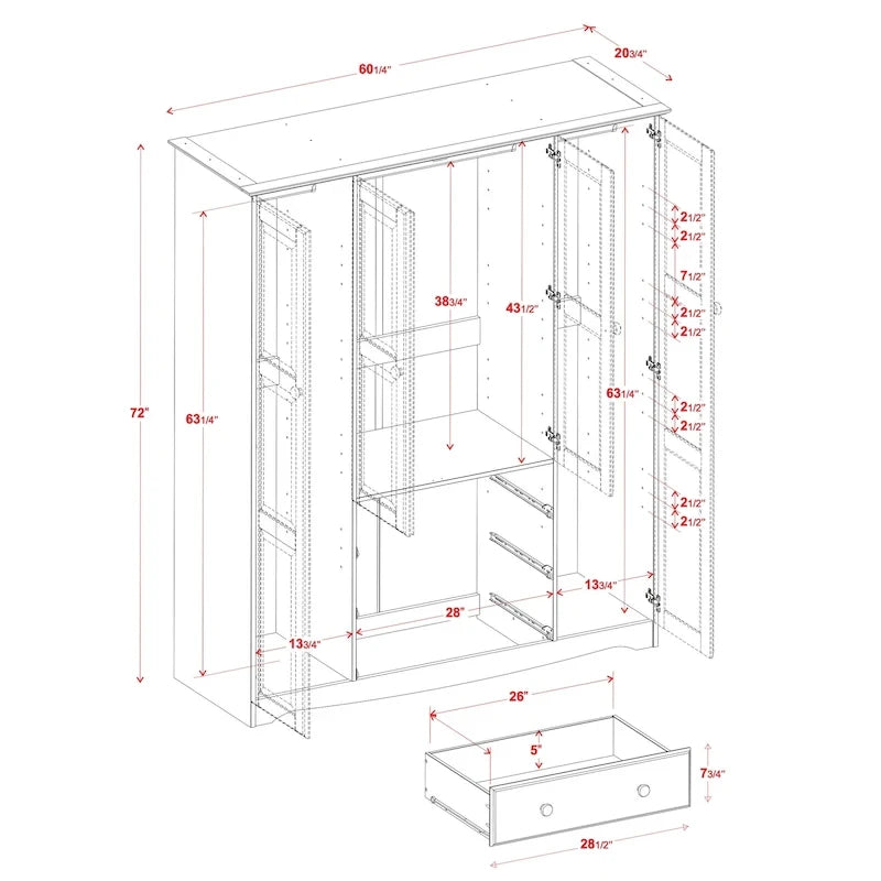 4-Door Solid Pine Wood Wardrobe Armoire with 3 Drawers
