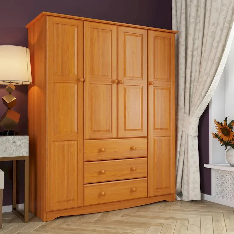 4-Door Solid Pine Wood Wardrobe Armoire with 3 Drawers