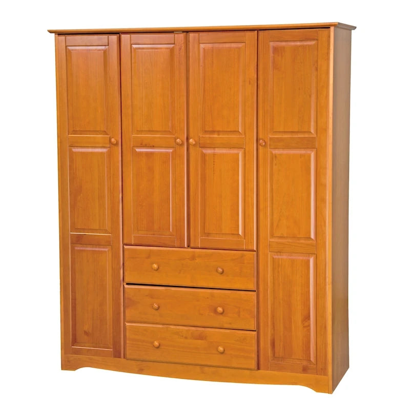 4-Door Solid Pine Wood Wardrobe Armoire with 3 Drawers