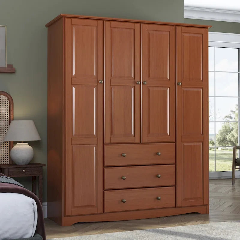 4-Door Solid Pine Wood Wardrobe Armoire with 3 Drawers