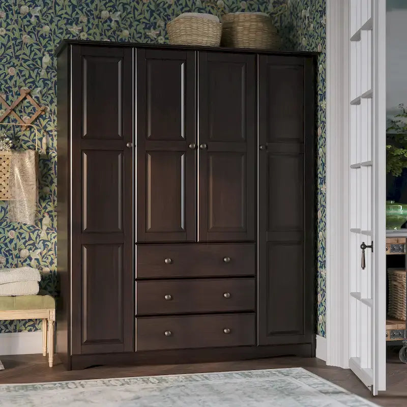 4-Door Solid Pine Wood Wardrobe Armoire with 3 Drawers