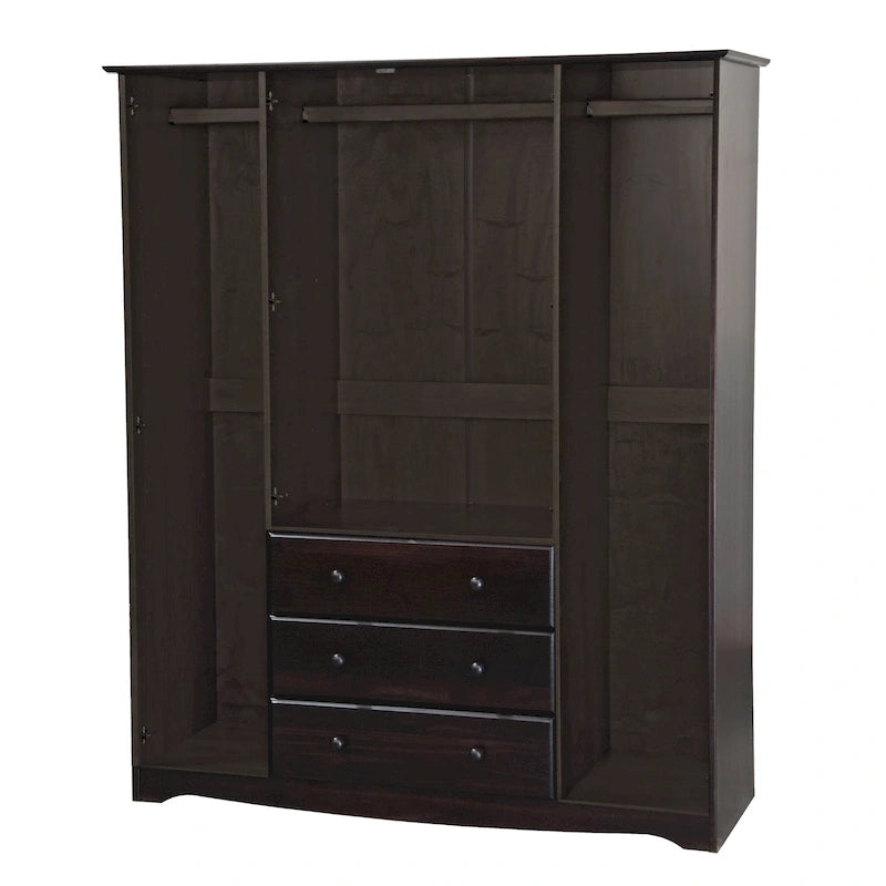 4-Door Solid Pine Wood Wardrobe Armoire with 3 Drawers