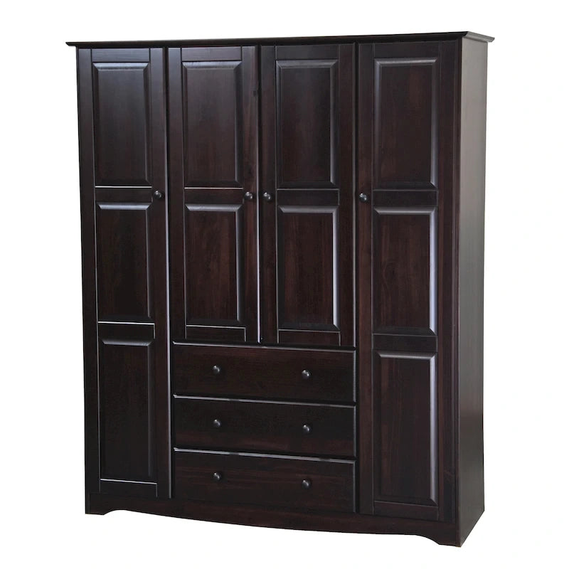 4-Door Solid Pine Wood Wardrobe Armoire with 3 Drawers