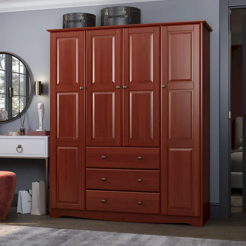 4-Door Solid Pine Wood Wardrobe Armoire with 3 Drawers