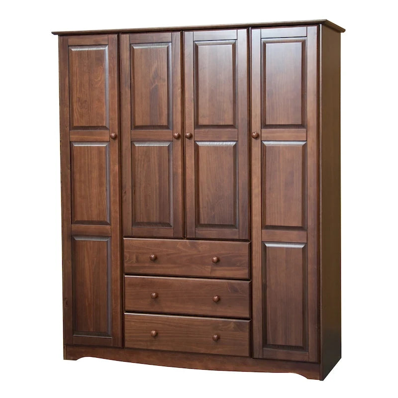 4-Door Solid Pine Wood Wardrobe Armoire with 3 Drawers