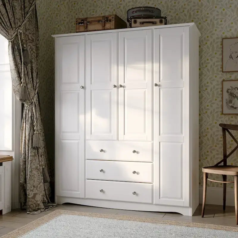 4-Door Solid Pine Wood Wardrobe Armoire with 3 Drawers