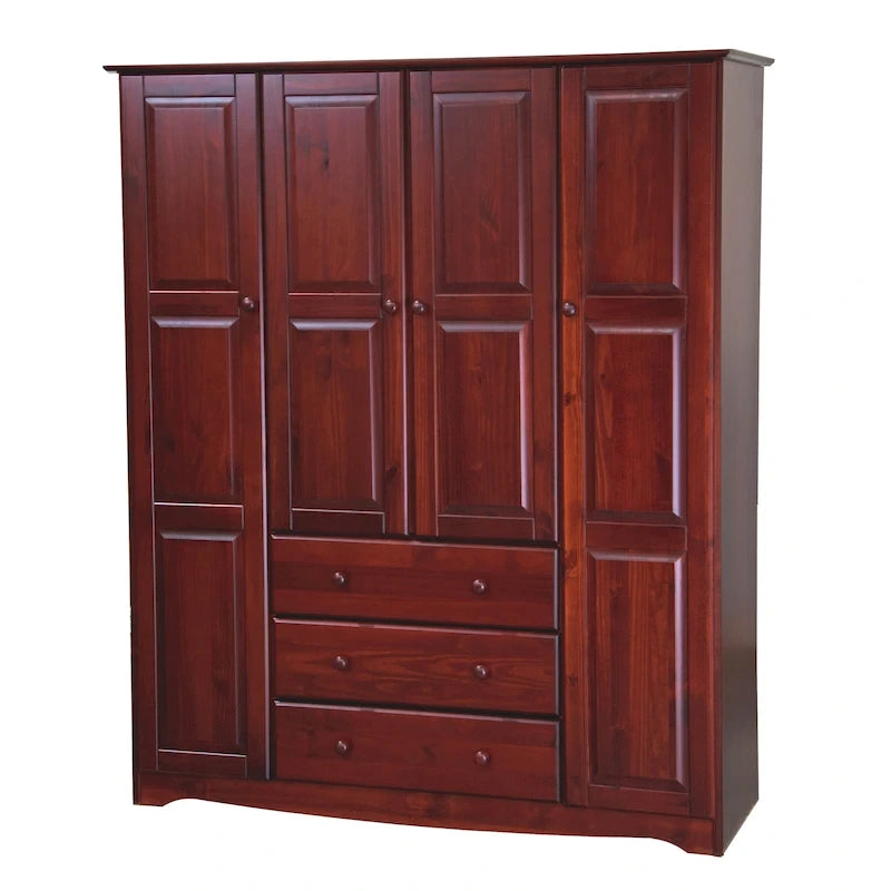4-Door Solid Pine Wood Wardrobe Armoire with 3 Drawers