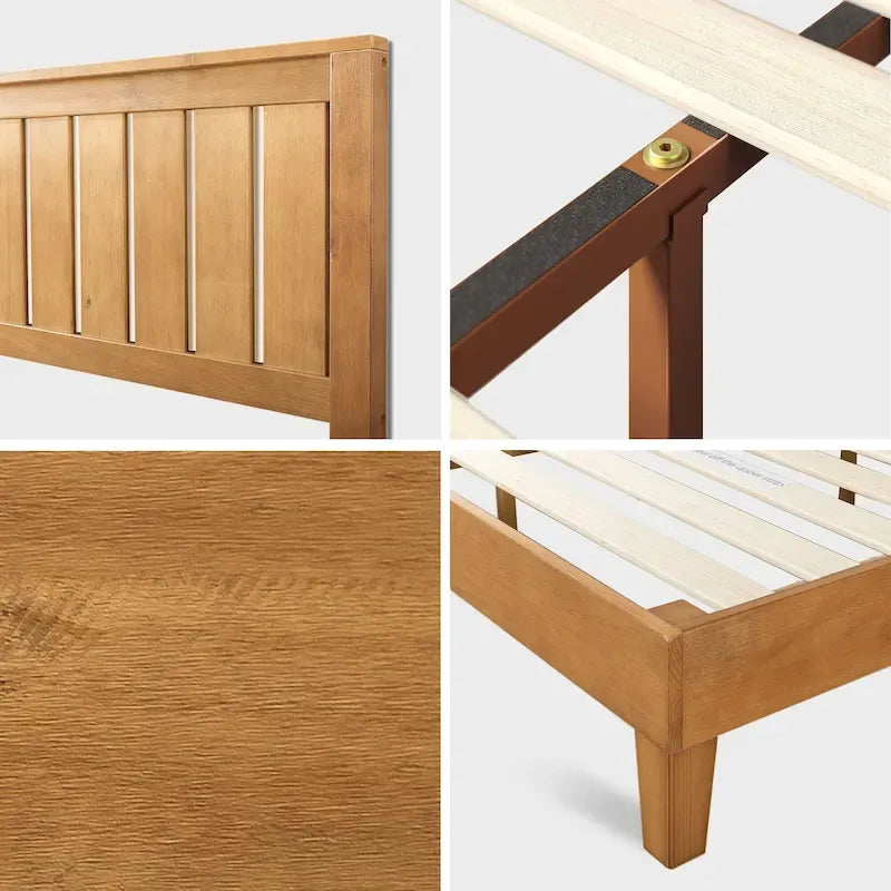 Rustic Pine Solid Wood Platform Bed Frame with Steel Reinforcement