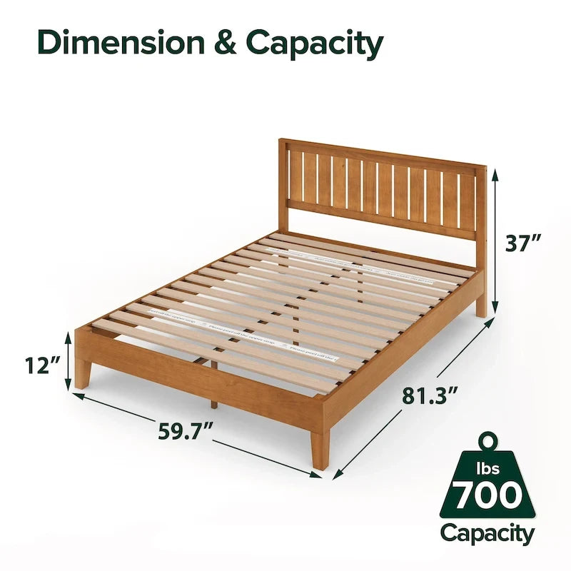 Rustic Pine Solid Wood Platform Bed Frame with Steel Reinforcement