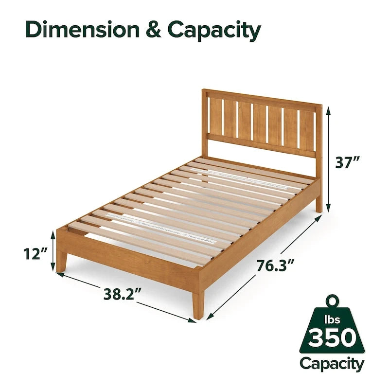 Rustic Pine Solid Wood Platform Bed Frame with Steel Reinforcement