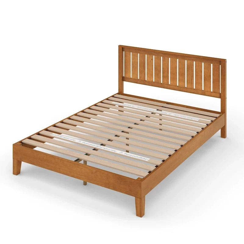 Rustic Pine Solid Wood Platform Bed Frame with Steel Reinforcement
