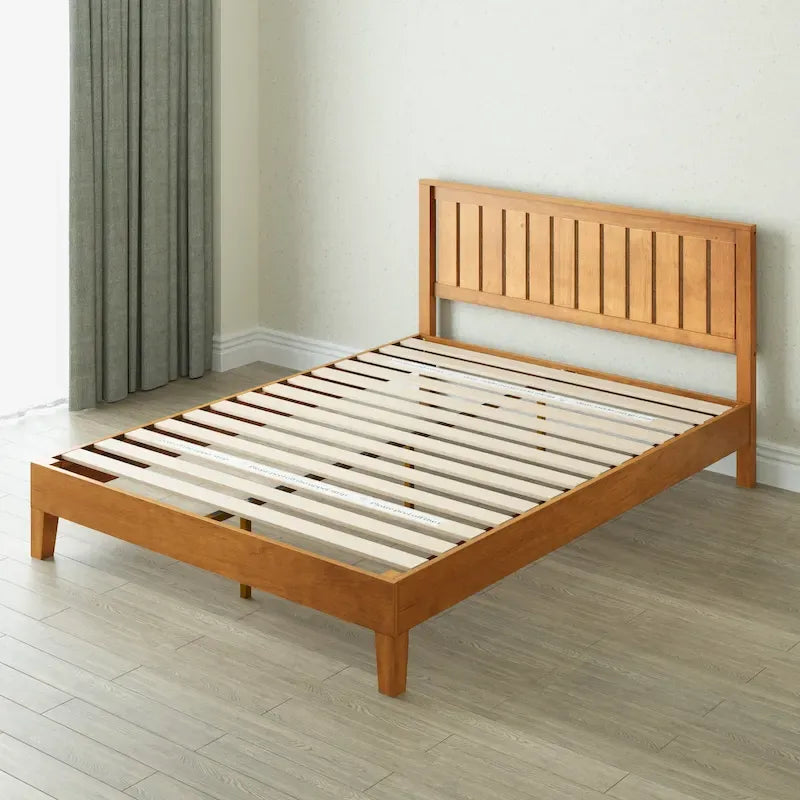 Rustic Pine Solid Wood Platform Bed Frame with Steel Reinforcement