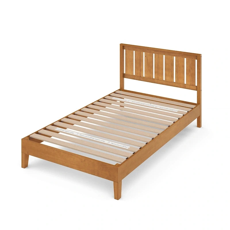 Rustic Pine Solid Wood Platform Bed Frame with Steel Reinforcement
