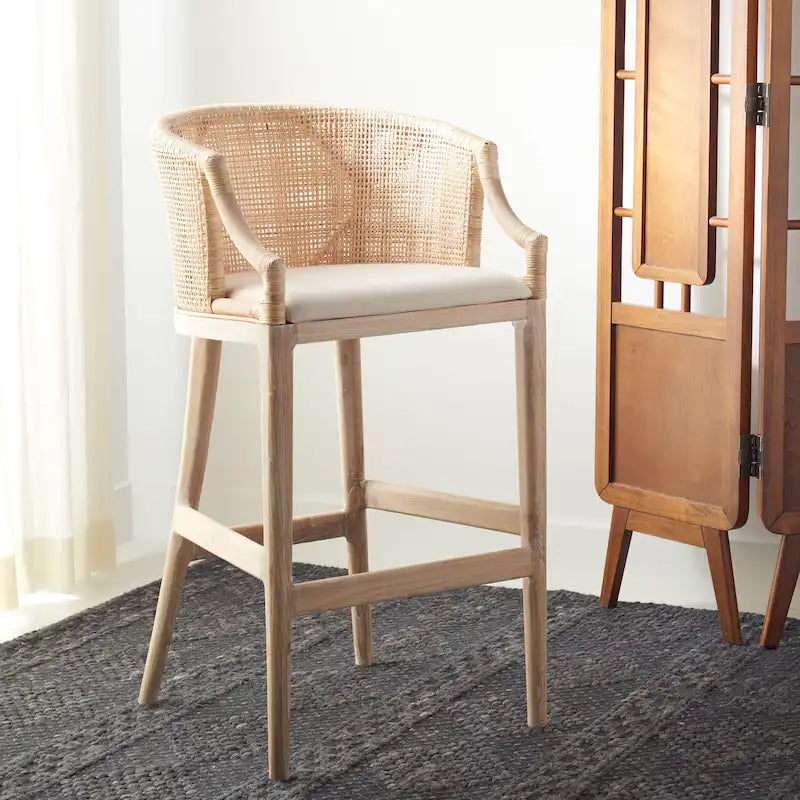 30" Rattan Back Bar Stool with Cushion Seat & Mahogany Legs