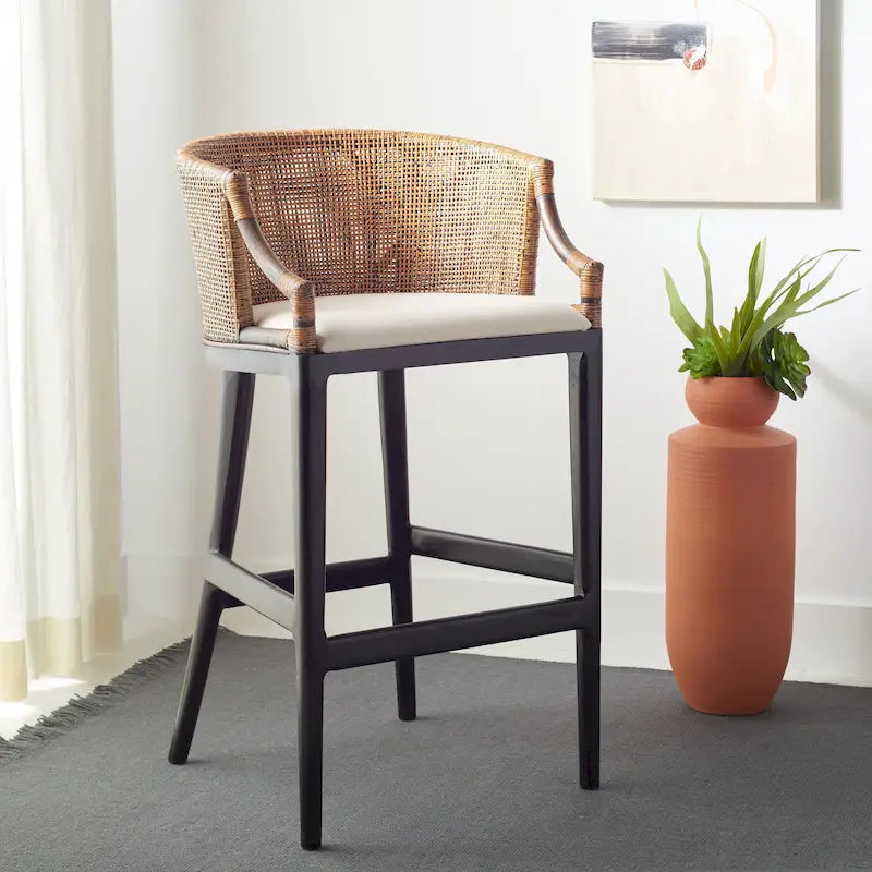 30" Rattan Back Bar Stool with Cushion Seat & Mahogany Legs