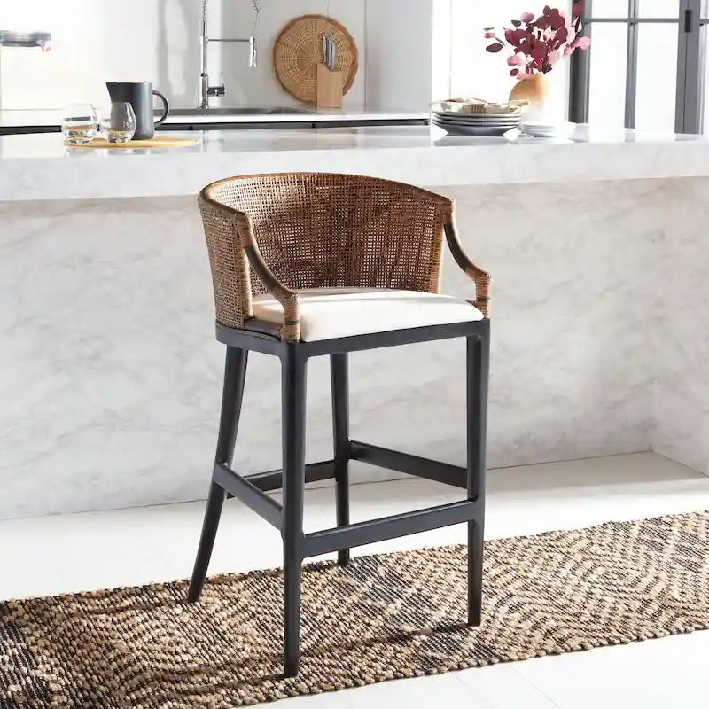 30" Rattan Back Bar Stool with Cushion Seat & Mahogany Legs