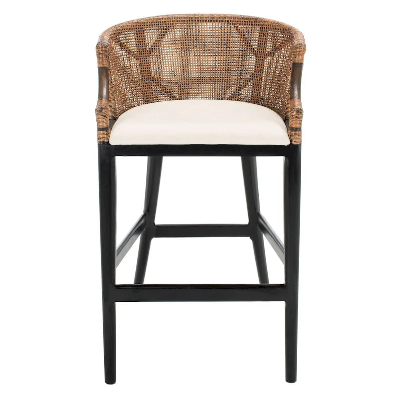 30" Rattan Back Bar Stool with Cushion Seat & Mahogany Legs