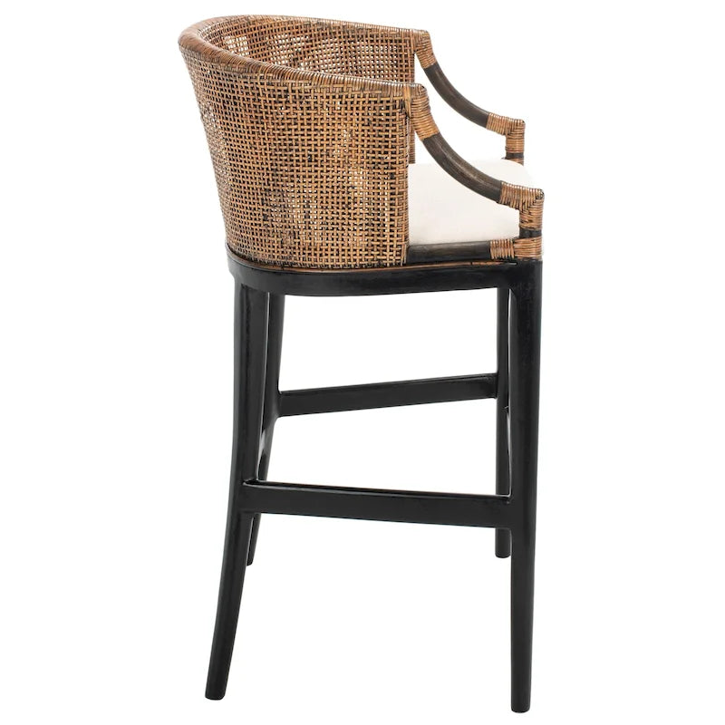 30" Rattan Back Bar Stool with Cushion Seat & Mahogany Legs