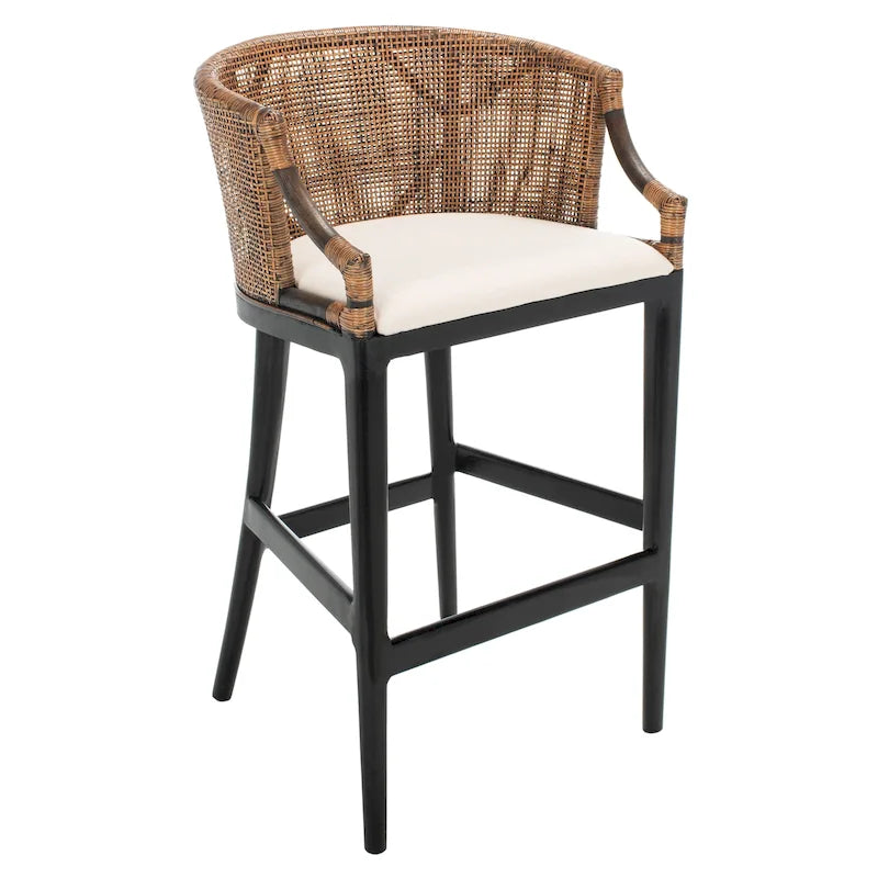 30" Rattan Back Bar Stool with Cushion Seat & Mahogany Legs