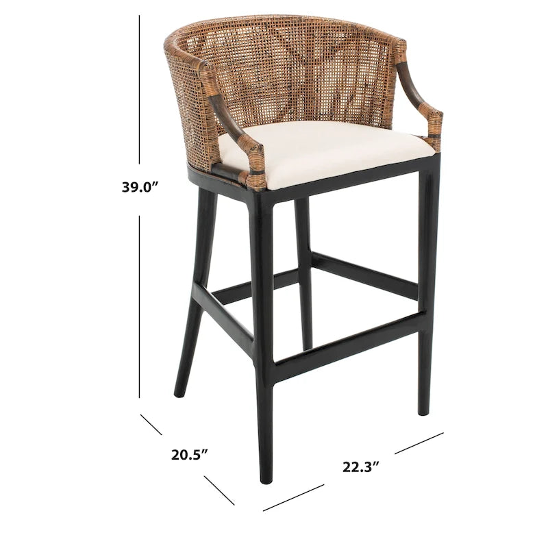 30" Rattan Back Bar Stool with Cushion Seat & Mahogany Legs