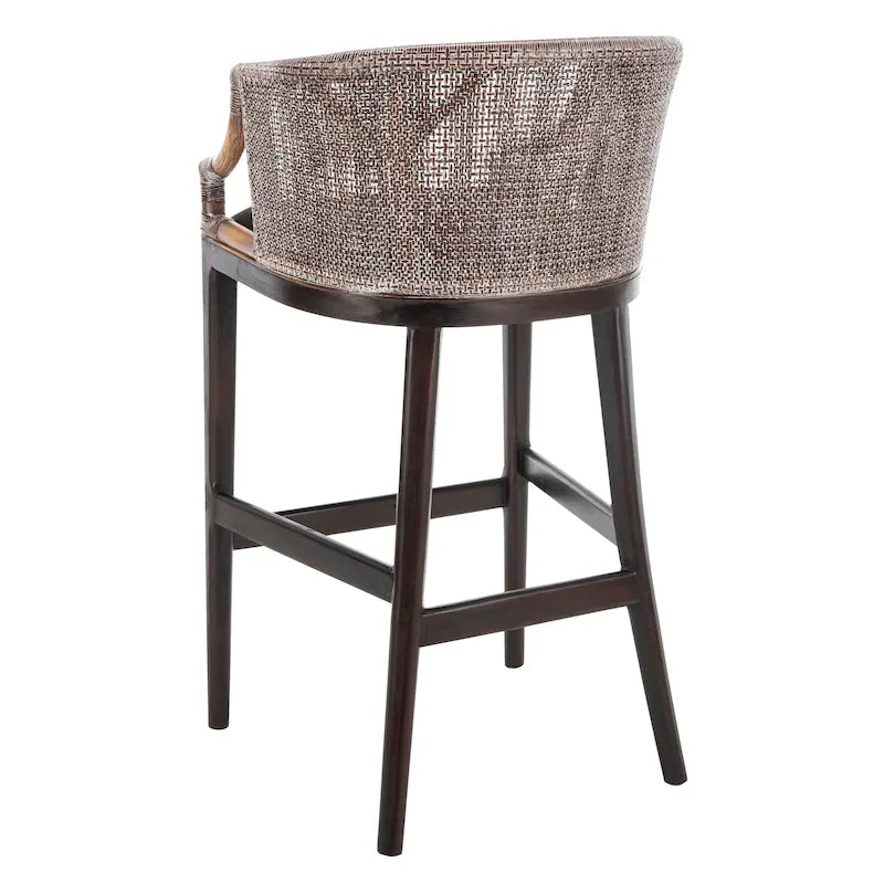 30" Rattan Back Bar Stool with Cushion Seat & Mahogany Legs