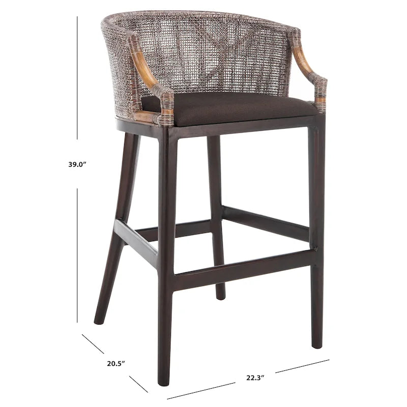 30" Rattan Back Bar Stool with Cushion Seat & Mahogany Legs