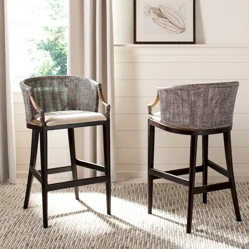 30" Rattan Back Bar Stool with Cushion Seat & Mahogany Legs
