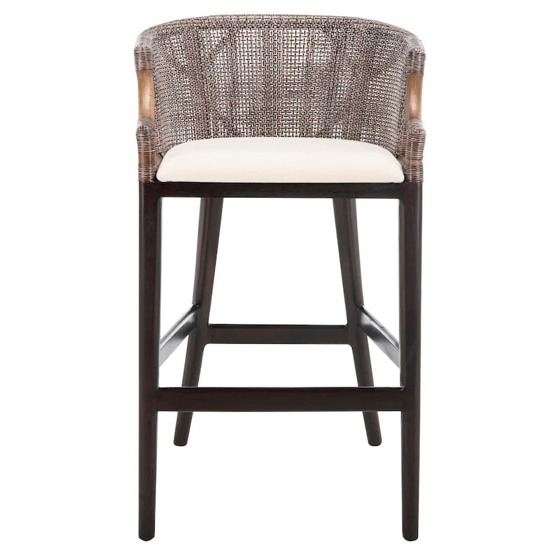 30" Rattan Back Bar Stool with Cushion Seat & Mahogany Legs
