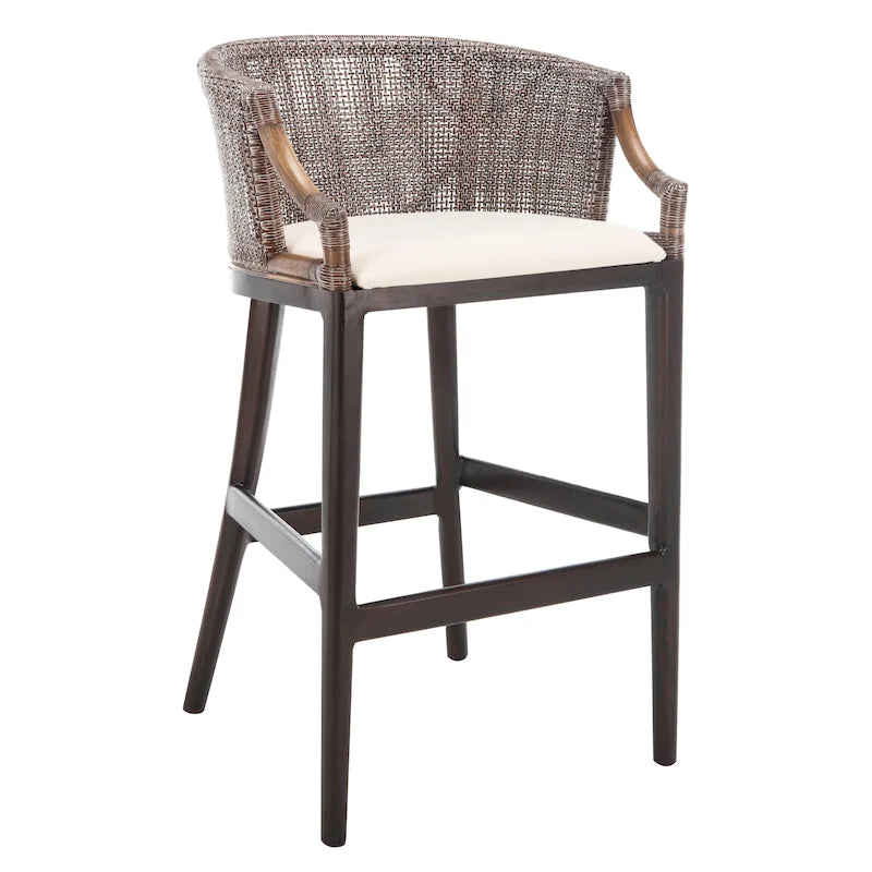 30" Rattan Back Bar Stool with Cushion Seat & Mahogany Legs