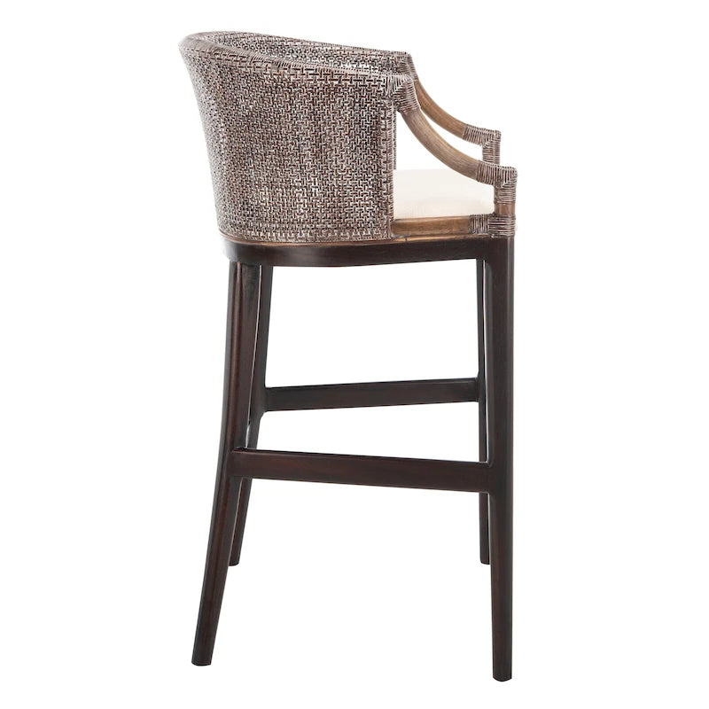 30" Rattan Back Bar Stool with Cushion Seat & Mahogany Legs