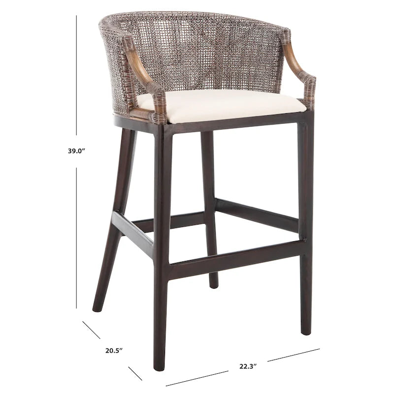 30" Rattan Back Bar Stool with Cushion Seat & Mahogany Legs