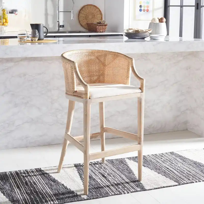 30" Rattan Back Bar Stool with Cushion Seat & Mahogany Legs