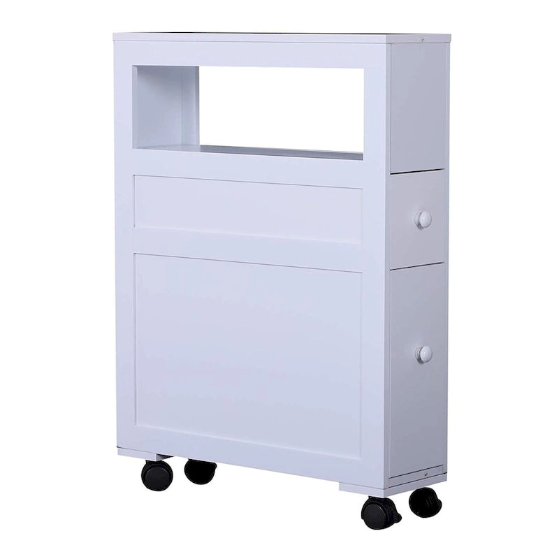 Narrow Rolling Bathroom Storage Cabinet with Drawers & Open Shelf