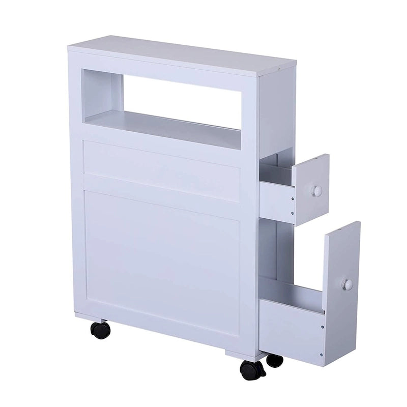 Narrow Rolling Bathroom Storage Cabinet with Drawers & Open Shelf