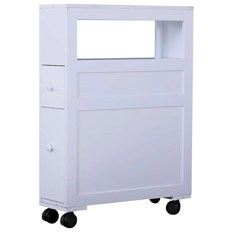 Narrow Rolling Bathroom Storage Cabinet with Drawers & Open Shelf