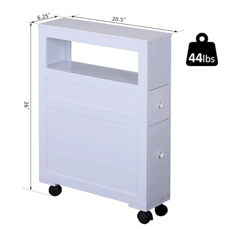 Narrow Rolling Bathroom Storage Cabinet with Drawers & Open Shelf