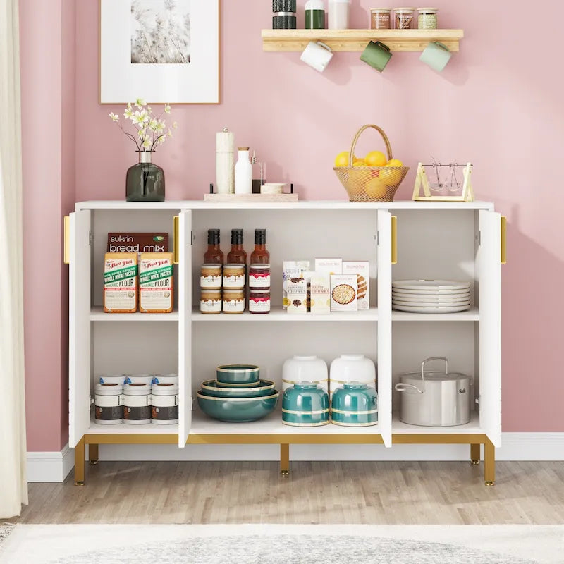 4-Door Buffet Sideboard Cabinet with Gold Handles & Metal Legs