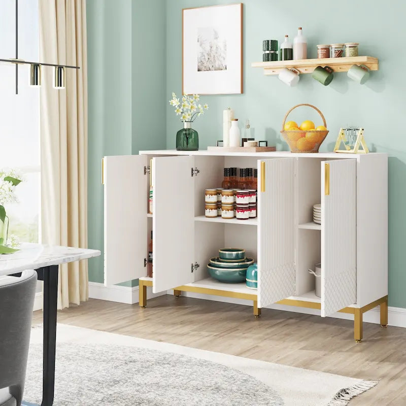 4-Door Buffet Sideboard Cabinet with Gold Handles & Metal Legs